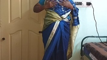 Sultry Indian Wife In Blue Saree Teasing With Her Big Tits And Shaved Pussy, Rubbing Her Nipples And Fingering Herself
